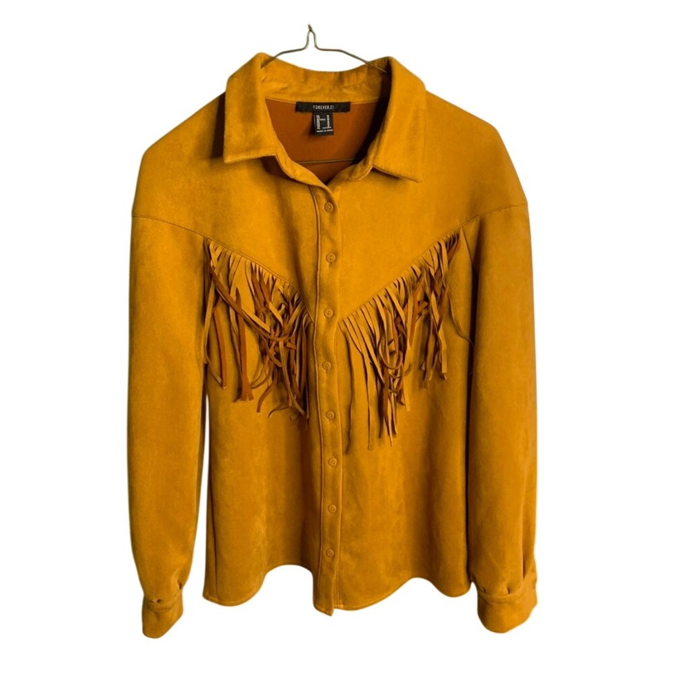 Forever 21 Mustard Yellow Faux Suede Fringe Western Shirt Medium - Picture 3 of 6